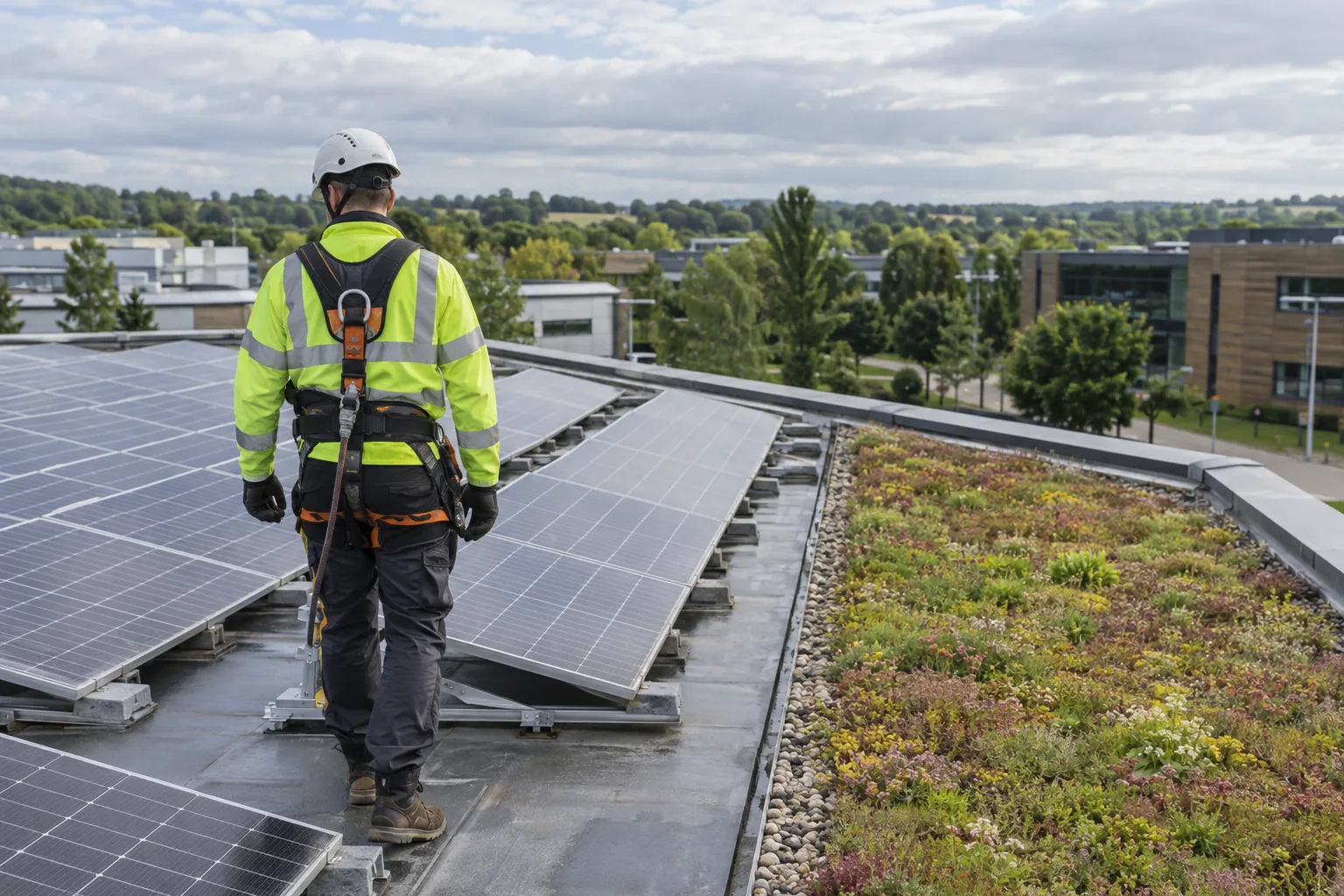 An engineer inspecting solar panels on a commercial roof beside a green sedum roof