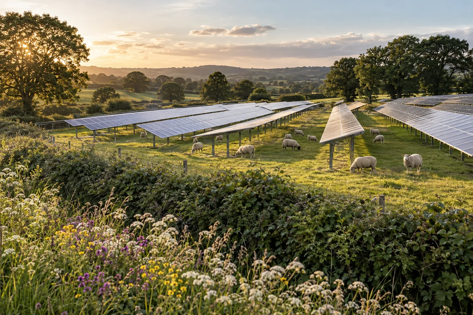 A ground-mounted solar array on a UK farm with sheep grazing between the rows and a wildflower margin
