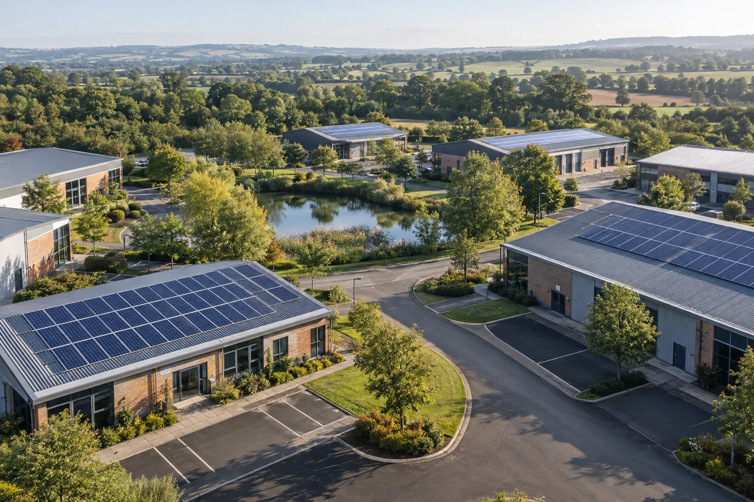 Solar panels on the roofs of a small UK business park, with trees and green space between the units