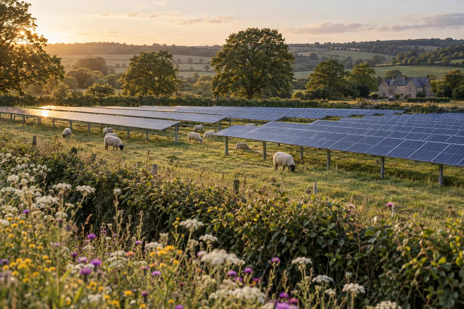 A ground-mounted solar array on a UK farm, with sheep grazing between the rows and a wildflower margin