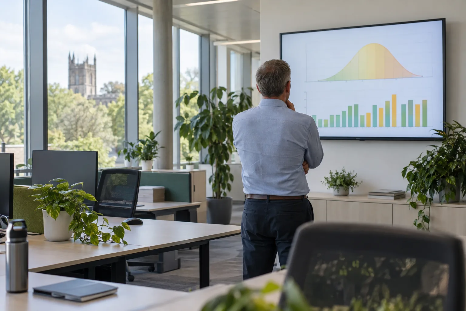 A facilities manager reviewing solar generation on a wall screen in a bright office with plants