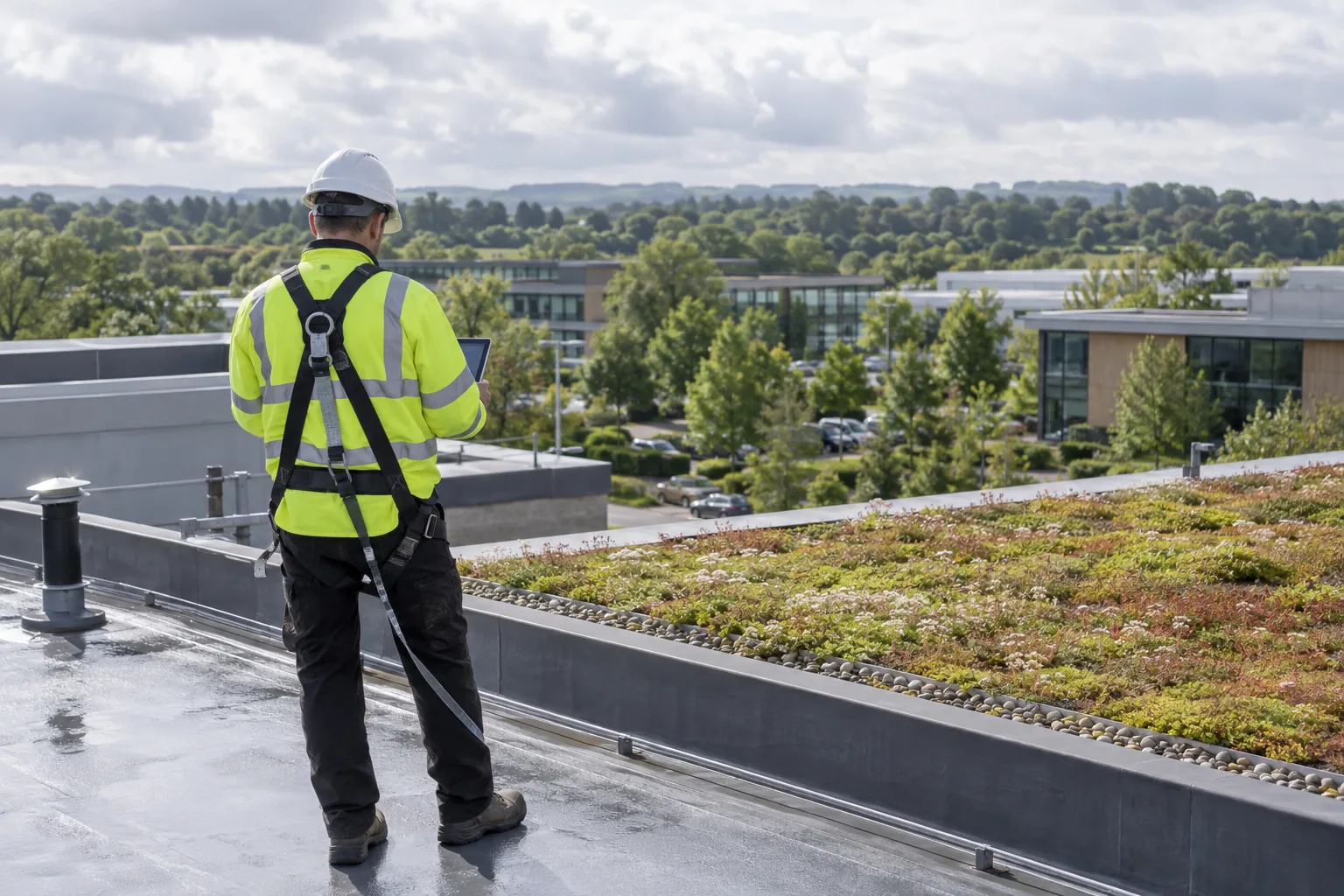 A solar surveyor in a safety harness checking a flat commercial roof with a tablet, trees beyond