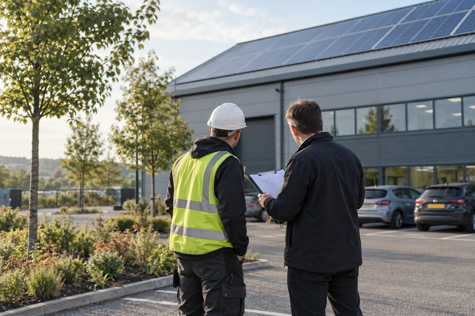 A solar installer and a site manager reviewing a system handover pack beside a warehouse with solar panels and trees