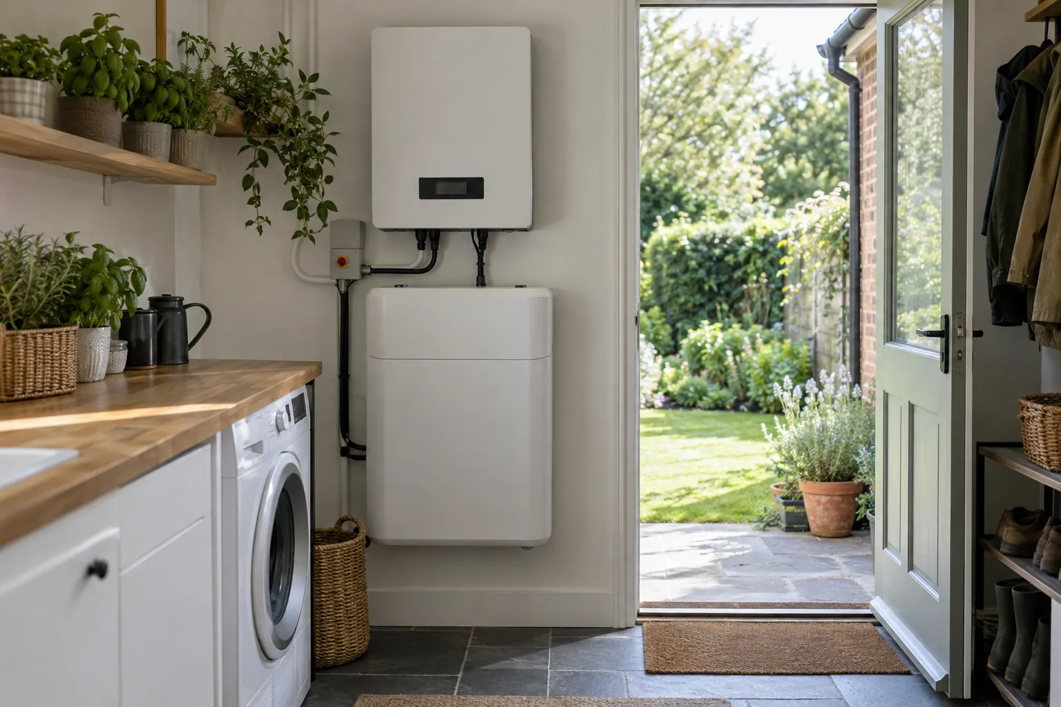 A wall-mounted home battery and inverter in a tidy utility room, with a door open to a green garden