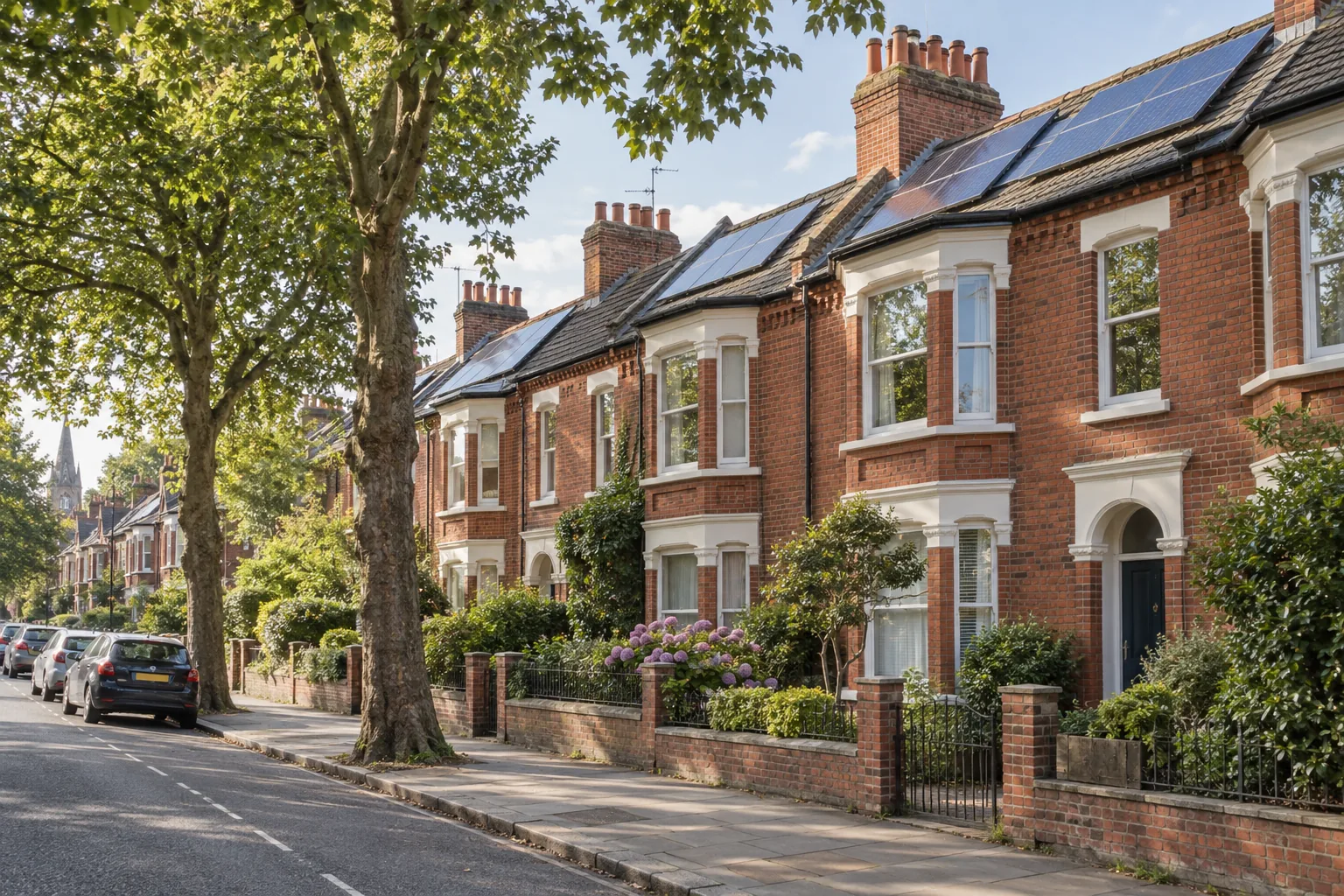 A row of brick terraced houses with solar panels on several roofs, front gardens and street trees