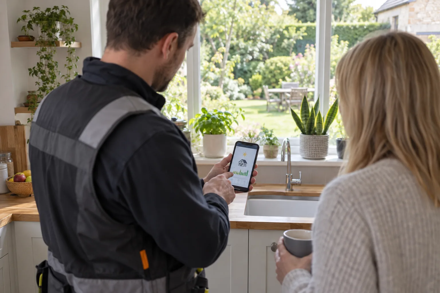 A solar installer showing a homeowner the monitoring app on a phone, in a kitchen with plants and a garden view