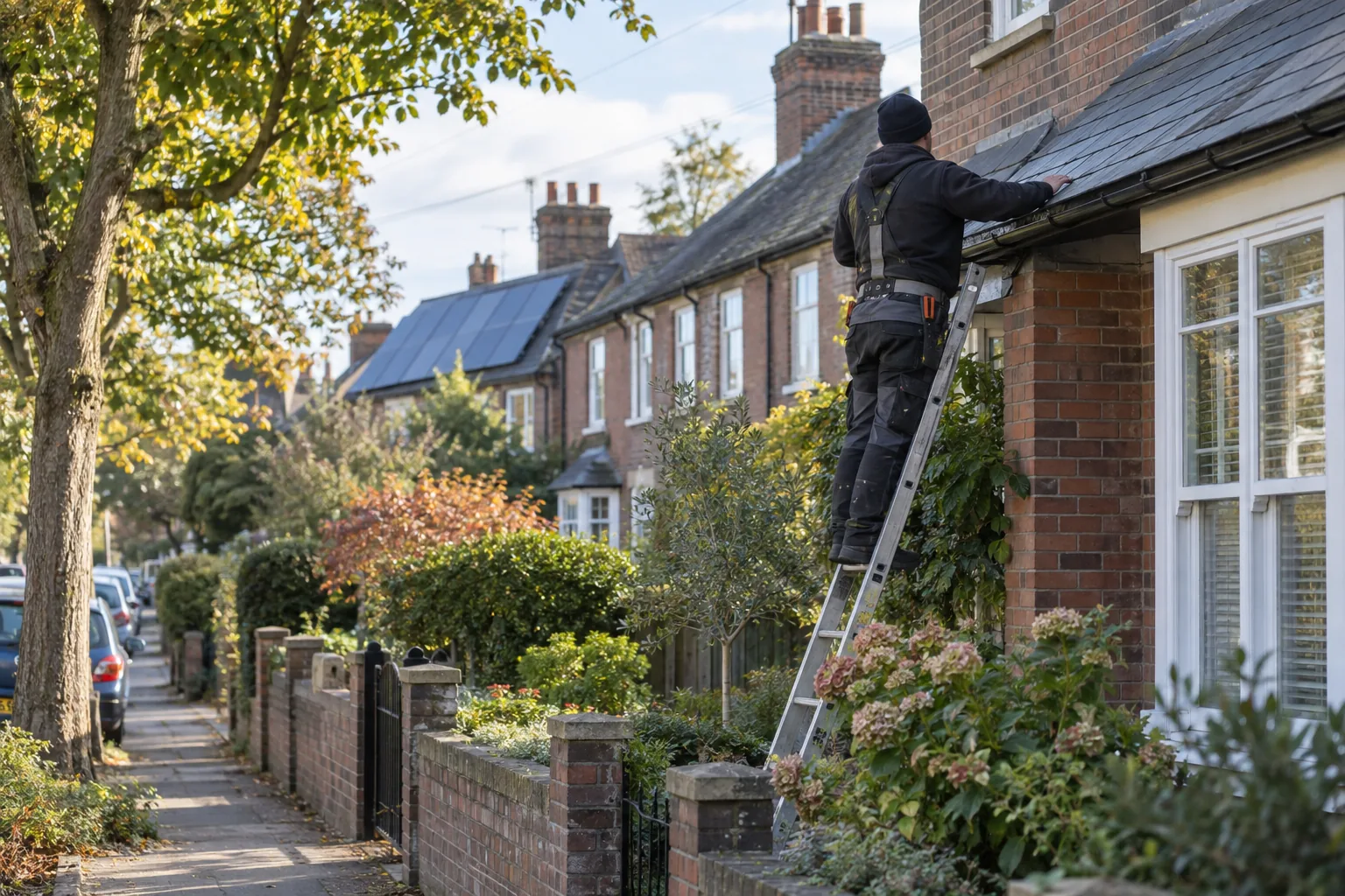 A solar installer on a ladder checking the roof of a brick terraced house, with a front garden and street trees